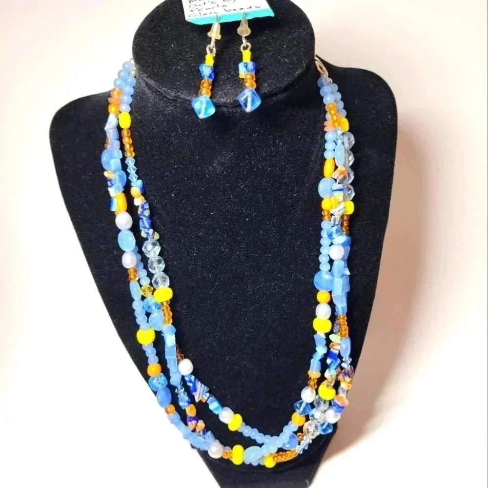Boho Cat's eye, Pearl, Glass Bead Necklace and Earring Set
